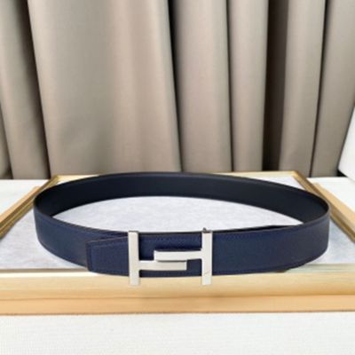 1:1  Hermes Blue& Black Leather Belt   with Silver"H" buckle Montaged 3.8cm